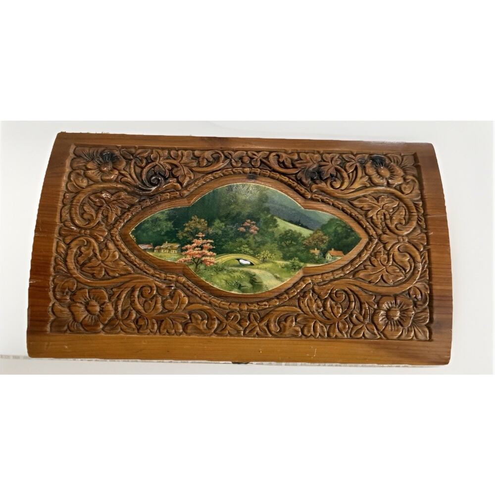 Vintage 1940’s Cedar Wood Box Hand Carved With Decoupage 11x6x6”